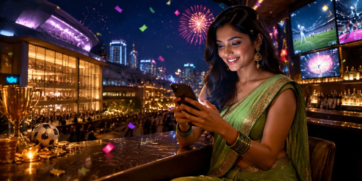 Indian woman in saree enjoying sports betting on mobile